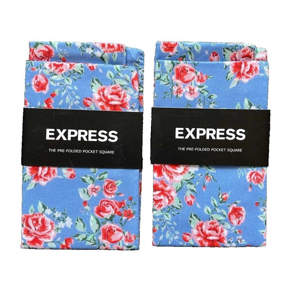 2-Pack, Express Pre-Folded Pocket Squares Blue Floral 100% Cotton